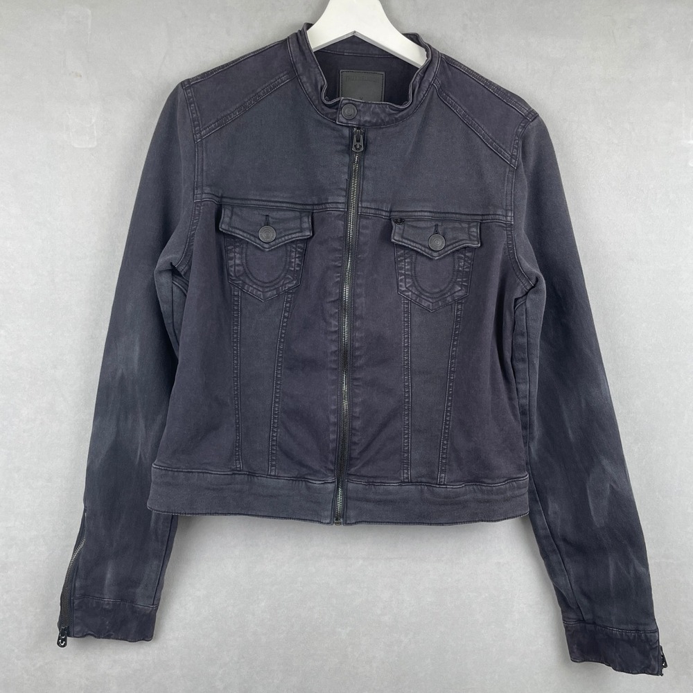 True Religion Wmn Moto Jacket Faded Black Denim Zip Up Biker Cafe Racer Grunge M
